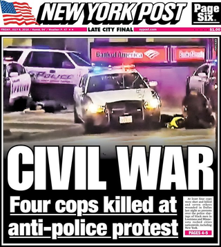Friday's New York Post framed Thursday night’s demonstration in Dallas, a response to two high-profile police shootings of black men killed in recent days, as an “anti-police protest.”